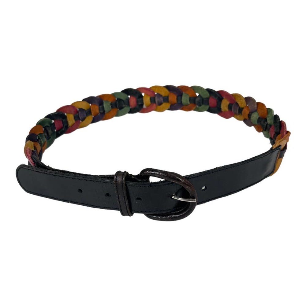 Vintage 90s Multicolor Woven Leather Belt Small Black Interlocking Boho Casual